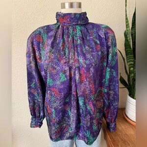 Vintage Abstract High Neck Blouse Jewel Tone Academia Size 14‎